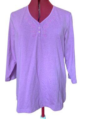 Allison Daley | Lavender Embroidered V-Neck Henley Long Sleeve Top - Size Medium